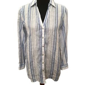 JNY Jones New York EUC Blue Striped Button-Up Shirt 100% Linen